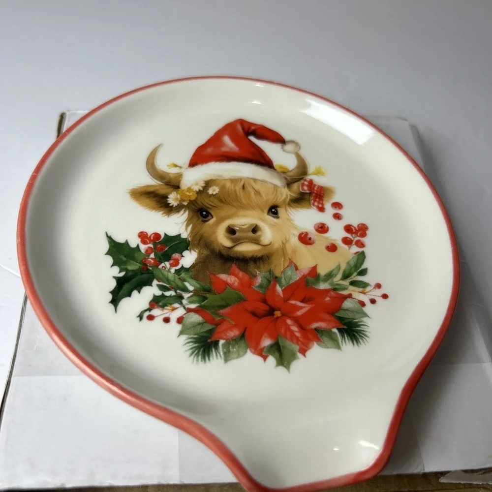 JarThenaAMCS 4.7 In Christmas Spoon Rest Highland Cow Poinsettia New